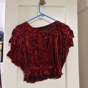 Free People Red Floral Ruffle Blouse